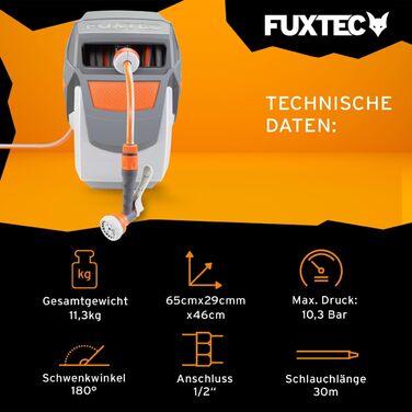 Автоматичний шланг для саду Fuxtec FX-WSA30 – 30 метрів, ½ дюйма, з роликом для стіни, включаючи ручну лійку та з'єднувачі, поворотний на 180°, оранжевий