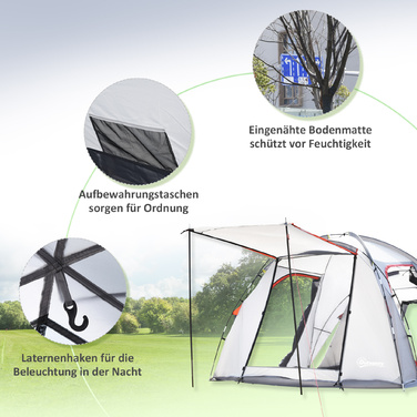 Outsunny Camping Tent 5-місний тунельний намет зі спальнею, сумка для перенесення, водяний стовп 2000 мм, сітчасте вікно, сірий