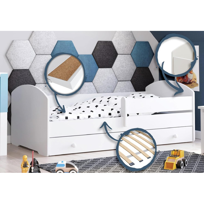 Дитяче ліжко Kids Collective 140x70 см з матрацом, висувним ящиком, бортиком та ламелями, біле