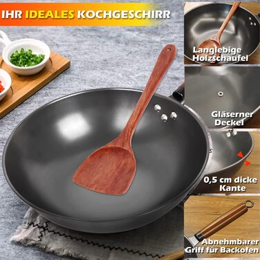 Wok-сковорода DIIG 33 см з кришкою, вуглецева сталь, антипригарна, для індукції, з дерев'яною лопаткою