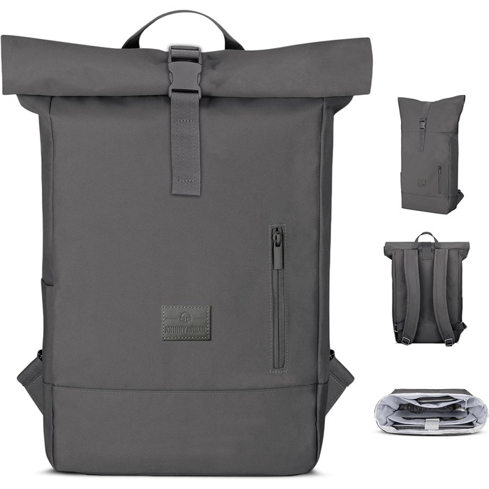 Рюкзак Johnny Urban Robin Medium сірої кольору, для жінок і чоловіків, роллтоп, з відділенням для ноутбука 15 л, водовідштовхувальний, для міста, бізнесу, університету, велосипеду, екологічний