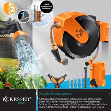 Шланг садовий KESSER® на котушці 35м з настінним кріпленням, поворотний 180°, автоматичне скручування, чорно-помаранчевий, з душем 7 функцій