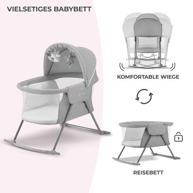 Дитяче ліжко Kinderkraft lOVI 3 в 1: колиска, ліжко-гойдалка, манеж. Сіре, з аксесуарами (москітна сітка, сумка). Від народження до 9 кг