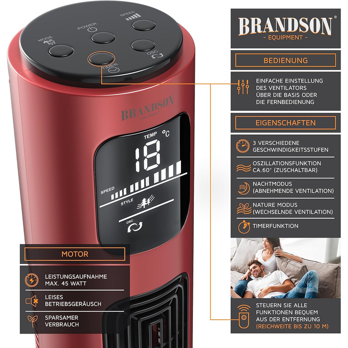 Вентилятор-колона Brandson 96 см з дистанційним керуванням, 3 швидкості, осциляція 60°, мобільний, рубіново-червоний, призер 2024 року