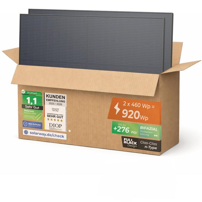 Двостороння сонячна панель Solarway 460W Full Black n-type Glas-Glas, біфаціальна фотоелектрична панель для балконних електростанцій (комплект 2 шт)