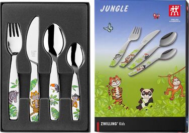 Набір дитячого посуду ZWILLING Jungle Kinderbesteck, 4 шт., з кольоровими джунглівськими мотивами, для дітей від 3 років, нержавіюча сталь 18/10