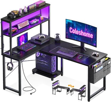 Ігровий стіл Coleshome L-подібної форми з LED-підсвічуванням та розетками, 110 × 80 см. Реверсивний стіл з полицями для зберігання, чорний. Підходить для home office та геймінгу.