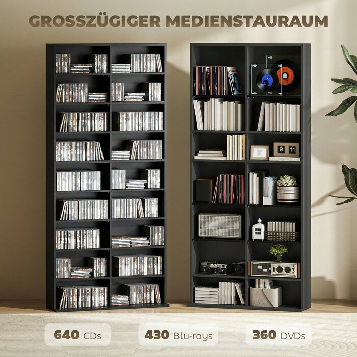 Стелаж для зберігання 640 CD та Blu-ray, полиця на 18 секцій із 14 регульованими вставками, чорний