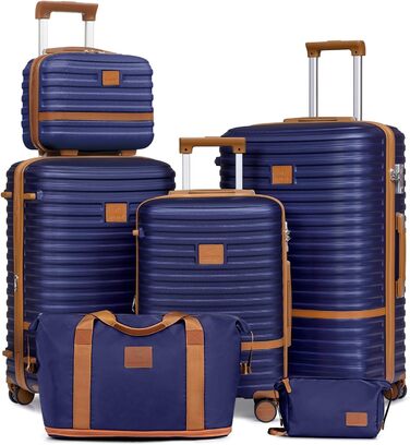 Набір валіз Joyway 6 шт. з твердим корпусом, beauty case, косметичка, 4 колеса, TSA-замок. Колір: темно-синій/коричневий