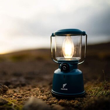 Favour Retro LED ліхтар для кемпінгу, акумуляторний, водонепроникний IP64, з диммером і режимом свічки, синій, ударостійкий, підвісний, знімний абажур, акумулятор у комплекті