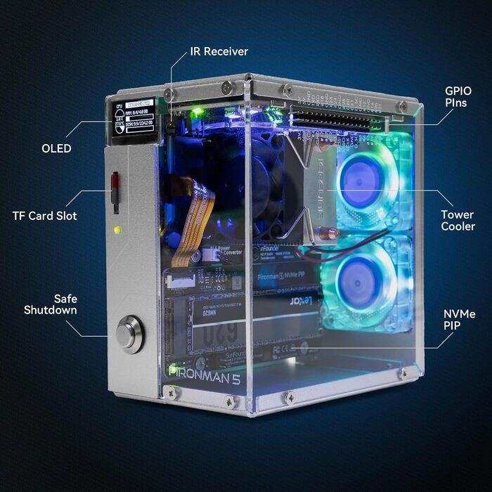 Корпус Pironman 5 з підтримкою NVMe M.2 SSD PCIe для Raspberry Pi 5, з AI прискорювачем Hailo-8L, Tower-охолодженням, подвійним RGB-вентилятором, OLED-дисплеєм 0,96'', функцією безпечного вимкнення, стандартним HDMI та RGB-підсвічуванням