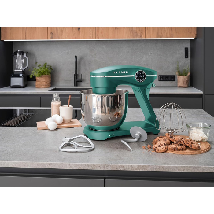 Кухонний комбайн KLAMER 1800W — Планетарний міксер для тіста з чашею 6л, 10 швидкостями та таймером, набір насадок (гак, вінчик, міксер), колір бірюзовий