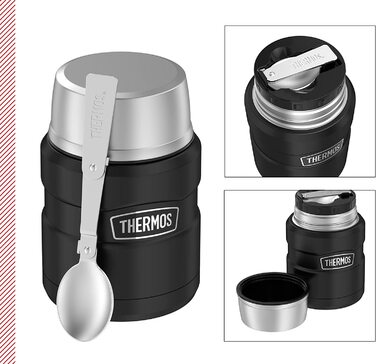 Термос для їжі Thermos STAINLESS KING 470 мл, чорний матовий, з ложкою, нержавіюча сталь, зберігає тепло 6 годин/холод 24 години, герметичний, для супу, мюслі, підходить для посудомийної машини
