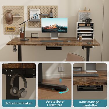 Електричний стіл Airfish 160x80 см з регулюванням висоти, USB-роз'ємом, кабель-органайзером, для офісу та комп'ютера, з нагадуванням про сидячу роботу, вінтажний коричневий