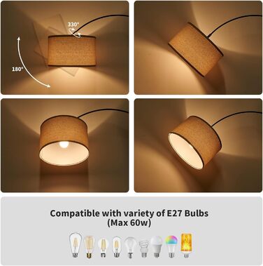 Декоративна торшер-аркова лампа Modlicht JASMIN, LED E27 9W, 3000K, тканинний абажур Ø33 см, лляний бежевий, 165-180 см, для вітальні, спальні, офісу, готелю