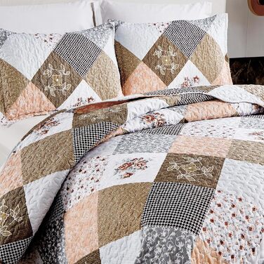 Покривало WONGS BEDDING 220x240 см синє, стьобане, мікрофібра, квітковий патчворк, з 2 наволочками 50x75 см