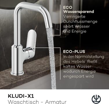 Змішувач для умивальника KLUDI-X1 з витяжним корком, поворотний на 360°, висота виливу 205 мм, водозберігаючий, розмір L, з підключувальними шлангами (без зливної арматури, хром)