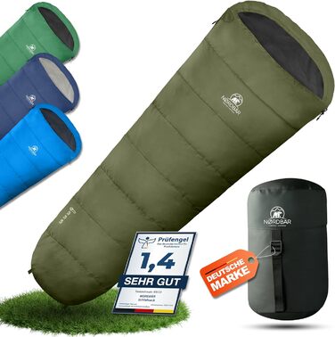 NORDBÄR Спальний мішок 3 сезони, ультралегкий і компактний, 1500 г, мумиєподібний, теплий 300GSM, для походів, кемпінгу та подорожей, оливковий