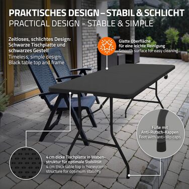 Складаний кемпінговий стіл ML-Design 180x74 см, чорний, пластиковий, з ручкою для перенесення, для саду, тераси, балкона, 6 осіб, складаний партійний стіл, валізний стіл, стіл для фуршету та розпродажу