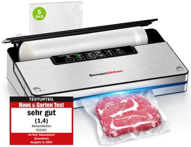 Вакууматор Bonsenkitchen для продуктів, потужний вакуумний пакувальник з 5 режимами, 8 л/хв, сріблястий (комплект: 5 пакетів та 1 рулон)
