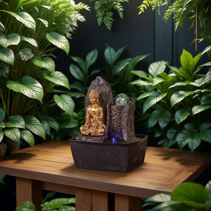Джерело води Zen'Light від Zimmerbrunnen: Будда, LED-підсвітка, для медитації та релаксації. Декор у стилі фен-шуй, висота 26 см, горіх (Haka)