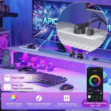Ігровий стіл APICIZON 150 см з полицею, підставкою для монітора та RGB-підсвіткою, білий карбон. Стіл для ПК з USB-портами, тримачем для навушників та підставкою для чашки
