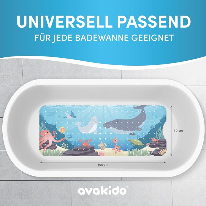 avakido® Дитячий килимок для ванни, антиковзкий, 100% BPA-Free, з 2 гачками, протигрибковий, машинне прання, дизайн Підводний світ