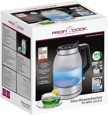 Електричний чайник ProfiCook 1,7 л, скляний, з підсвіткою, BPA-free, 2200 Вт