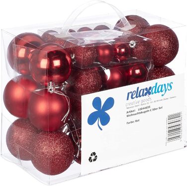 Набір ялинкових кульок Relaxdays 50 шт, червоні, матові, глянцеві, з блиском, пластик, 3/4/6 см