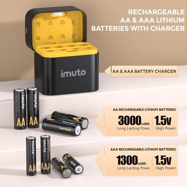 Набір акумуляторів imuto 1.5V Li-ion (4x AA 3000mWh + 4x AAA 1300mWh) зі смарт-зарядним кейсом, висока ємність, 1600 циклів зарядки