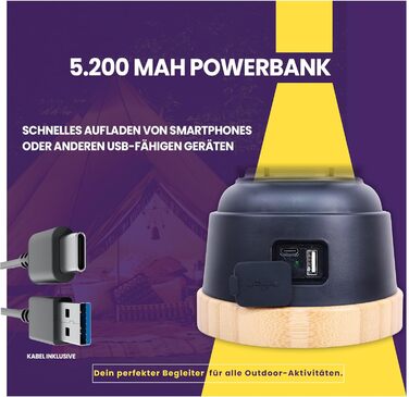 Вуличний LED ліхтар для кемпінгу з акумулятором, водонепроникний, 200 годин світіння, плавне регулювання яскравості, 2 кольорові температури (тепла та холодна), 390 люмен, USB зарядка