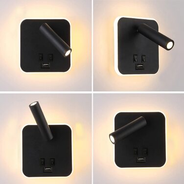 Настінна світлодіодна лампа TWSXTE з USB, поворотна, для спальні, читання, чорна, квадратна, 3000K, 3W+10W