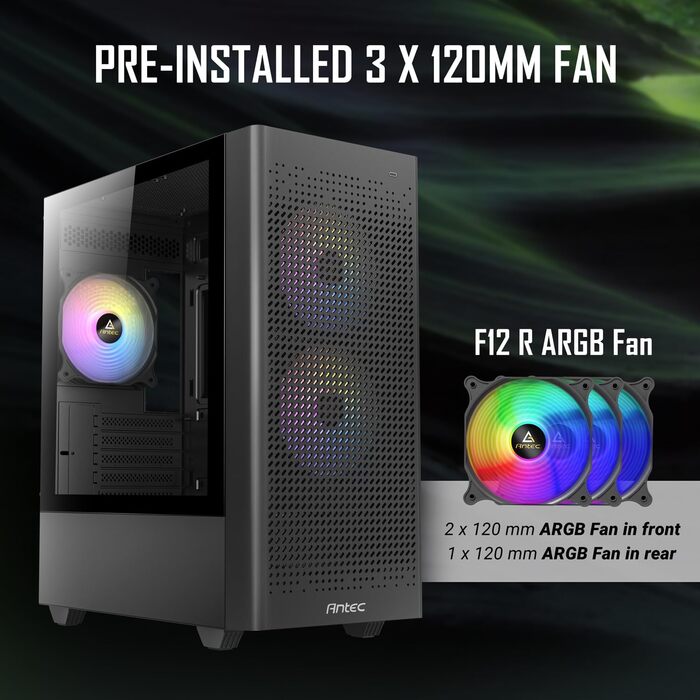 Корпус для ПК ANTEC NX500M ARGB з сітчастою передньою панеллю, 3 ARGB вентиляторами 120 мм, скляною бічною стінкою, підтримкою до 6 вентиляторів і радіатора 360 мм, Type-C 3.2 Gen2