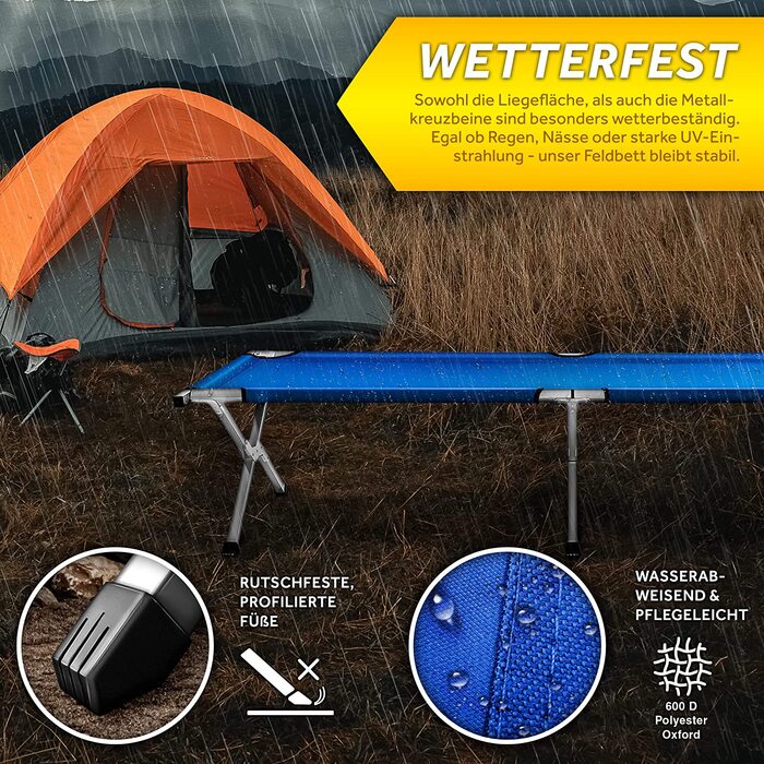 Розкладне кемпінгове ліжко TRESKO XXL 210x90x42 см, метал, синє, навантаження до 150 кг