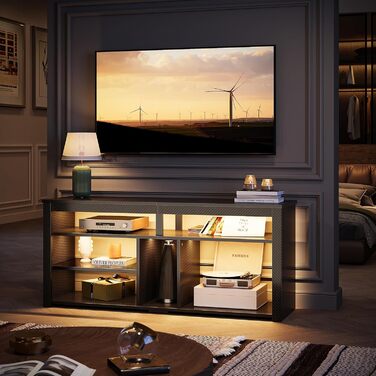 Стійка під телевізор Bestier 70" з підсвіткою LED, тумба для PS5, сучасний ТВ-шаф для вітальні/спальні (140x33.8x61.5 см, чорна карбонова текстура)