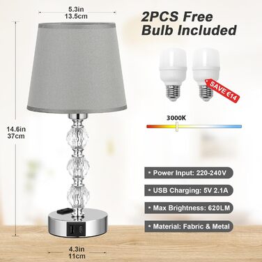 Настільна лампа Kakanuo з кришталем, сенсорне димування, 2 шт, LED, USB-A+C, сірою текстильною абажурою, для спальні, вітальні, офісу, готелю, 37 см