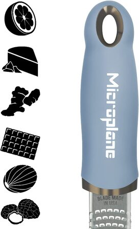 Терка Microplane Zester для цитрусових, пармезану, імбиру, шоколаду та мускатного горіха, з тонкою лезом з нержавіючої сталі, синя, 325x35x30 мм, вироблено в США