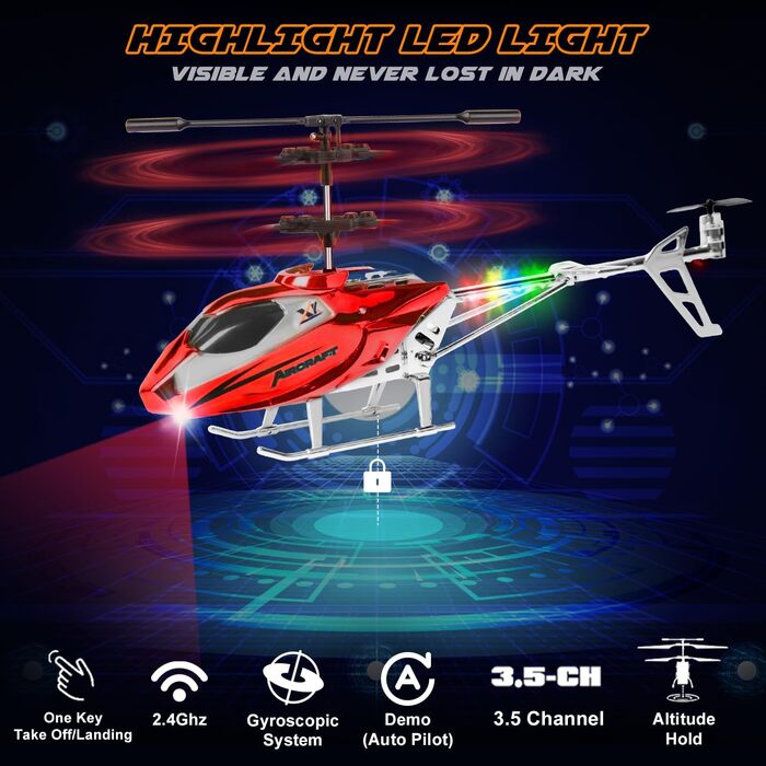 Радіокерований гелікоптер Hubschrauber 2.4G з LED підсвіткою для хлопчиків та дорослих (від 12 років), 3.5 канали, гіростабілізатор, фіксована висота, автоматичний зліт, червоний