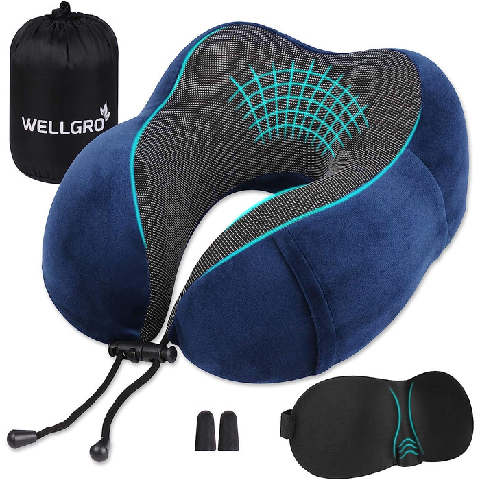 Дорожній набір WELLGRO: ортопедична подушка для шиї з пам'яттю форми, 3D маска для сну, беруші, знімний чохол, темно-синя