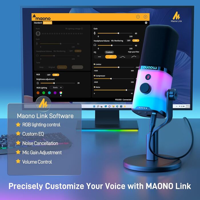 MAONO XLR/USB ігровий динамічний мікрофон з RGB підсвіткою, шумозаглушенням, кнопкою вимкнення звуку та регулятором гучності для подкастів і стрімінгу, з настільною підставкою PD100X