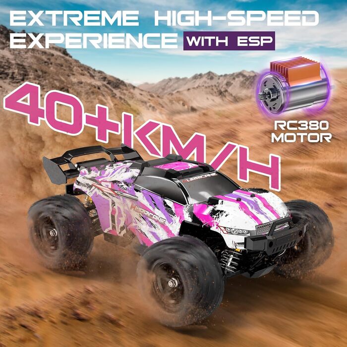 RC Автомобіль Monstertruck 1:18 4WD, Позашляховик 40 км/год, Металеве передавання, 2x1300mAh, Рожевий - для дорослих та дітей від 10 років