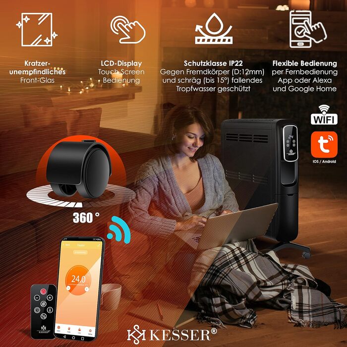 Електричний конвектор KESSER ECO 2500Вт з WiFi, термостатом, сенсорним дисплеєм, таймером, чорний, енергоощадний радіатор з додатком та пультом ДУ