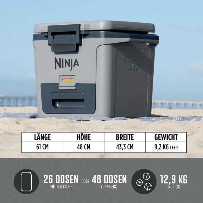 Термобокс Ninja FrostVault 28 л, преміум ізотермічна холодильна коробка, зберігає лід до 6 днів, інтегрована суха шухляда, місткість 48 банок, колір шиферно-сірий
