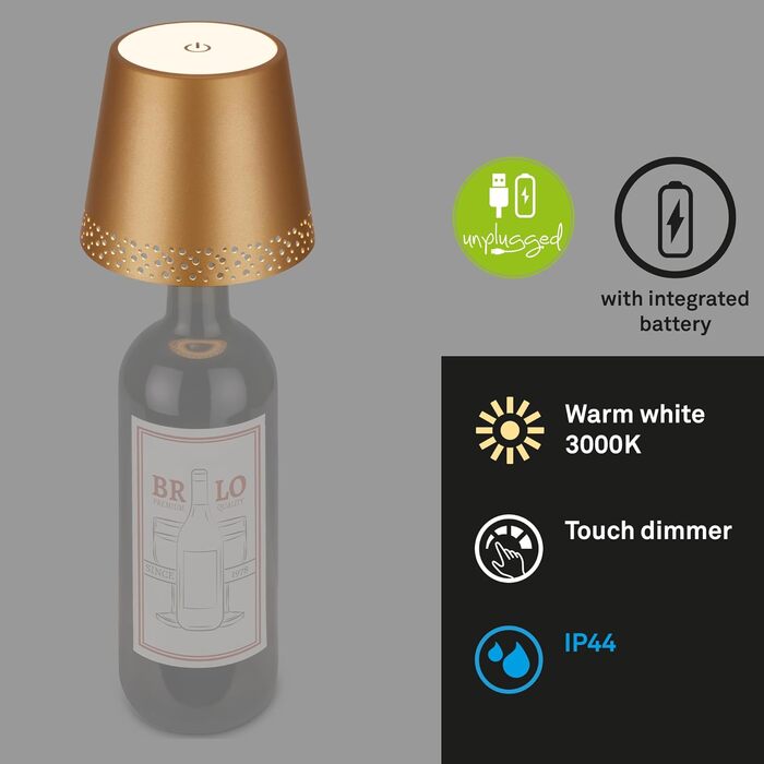 BRILONER LED нічник-лампа на пляшку, димована, сенсорна, акумуляторна, настільна, для читання, тепле біле світло, 11x9 см, золото-матова
