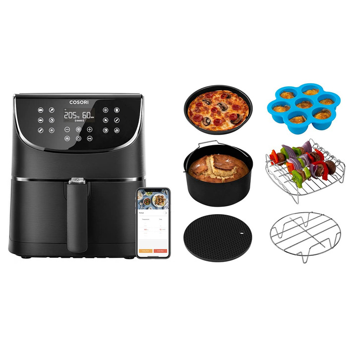 Розумна аерофритюрниця COSORI Smart WiFi 5,5л XXL з 13 програмами, керуванням через додаток та набором аксесуарів (6 предметів)