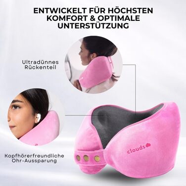 Подорожня подушка для шиї CLOUDS з ефектом пам'яті (Memory Foam) для літака та авто, регульована, дихаюча тканина, рожева, розмір S/M