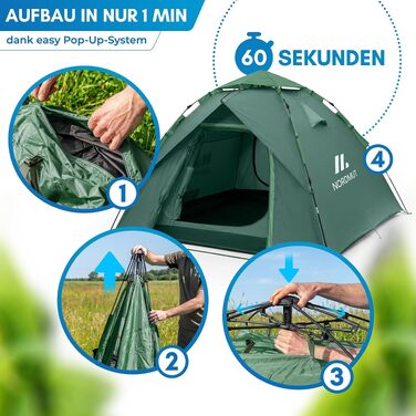 Намет автоматичний NORDMUT Pop Up для 2-4 осіб, водонепроникний кемпінговий намет з UV-захистом та вентиляцією, зелений