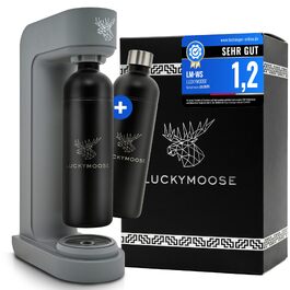 Сифон для газування води Luckymoose Infinity, з 2 пляшками з нержавіючої сталі по 1,25л, сумісний з синіми циліндрами CO2 60л (Сірий/Чорний)
