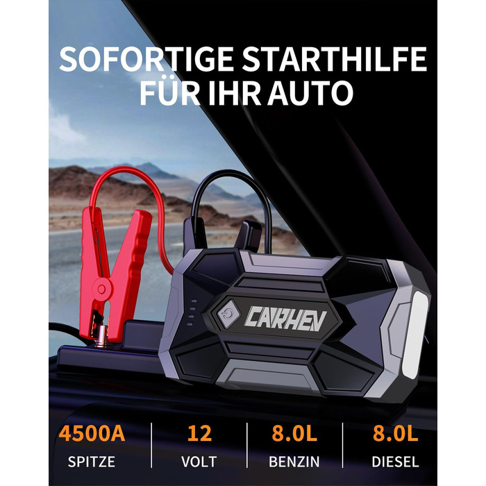 Бустер CARHEV Jump Starter 4500A — Пусковий пристрій для автомобіля (бензин/дизель до 8.0л), Powerbank з LED-ліхтарем та USB-портами