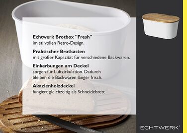 Хлібниця ECHTWERK FRESH, біла, з кришкою та дошкою для нарізання з акації, для зберігання до 1 кг хліба, 37x22x17 см